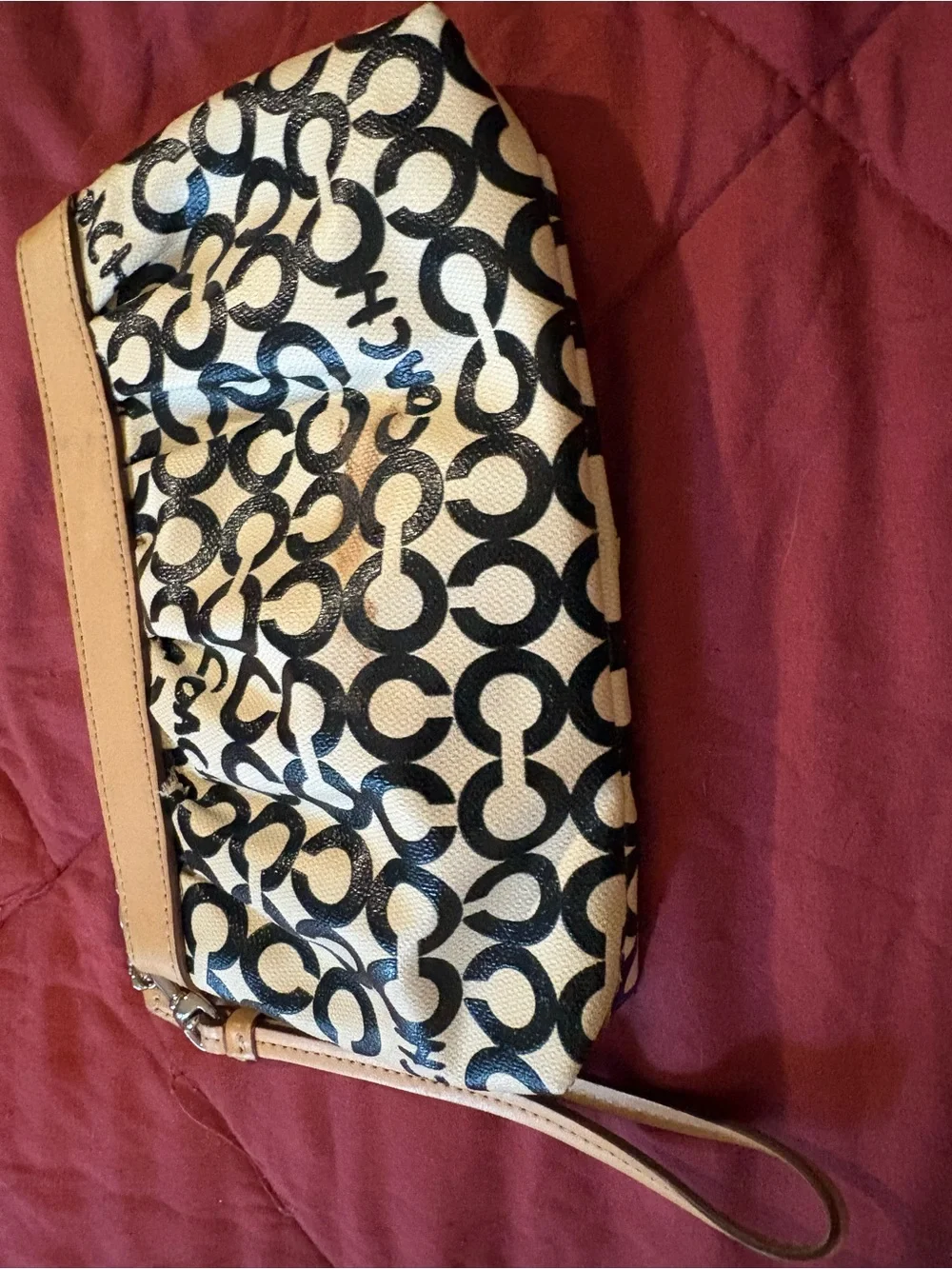 COACH Black and Cream Signature Canvas Wristlet with Tan Trim